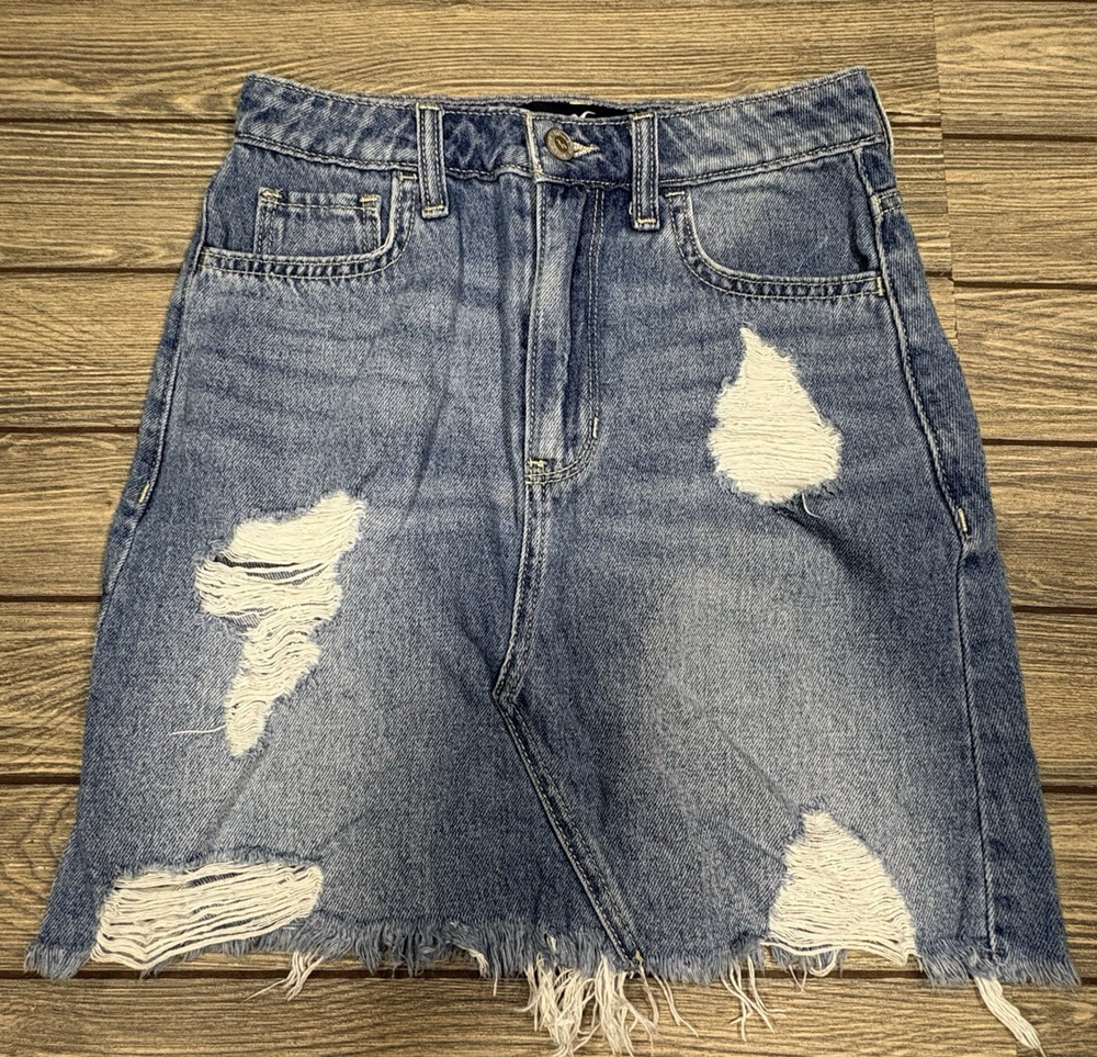 Hollister Womens Blue Denim Ultra High Rise Distressed Vintage Mini Skirt Sz 1